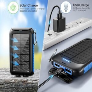 Nuynix Solar Charger, 20000mAh Portable Solar Power Bank - IPX5 Waterproof with Built-in Solar Panel and LED Flashlight, Solar Phone Charger